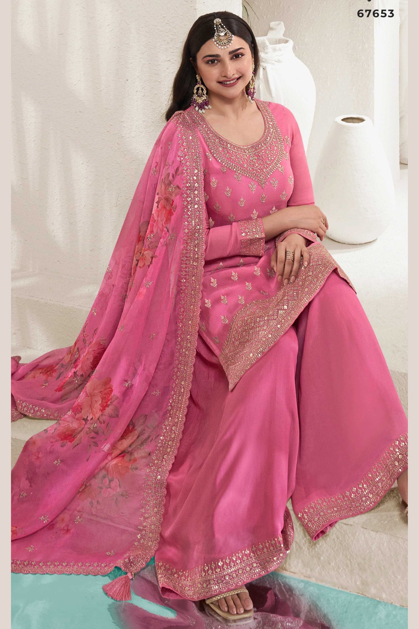 Magenta Chinon Silk Palazzo Suit For Indian Festivals & Pakistani Plazo Weddings Dress - Embroidery Work, Print Work