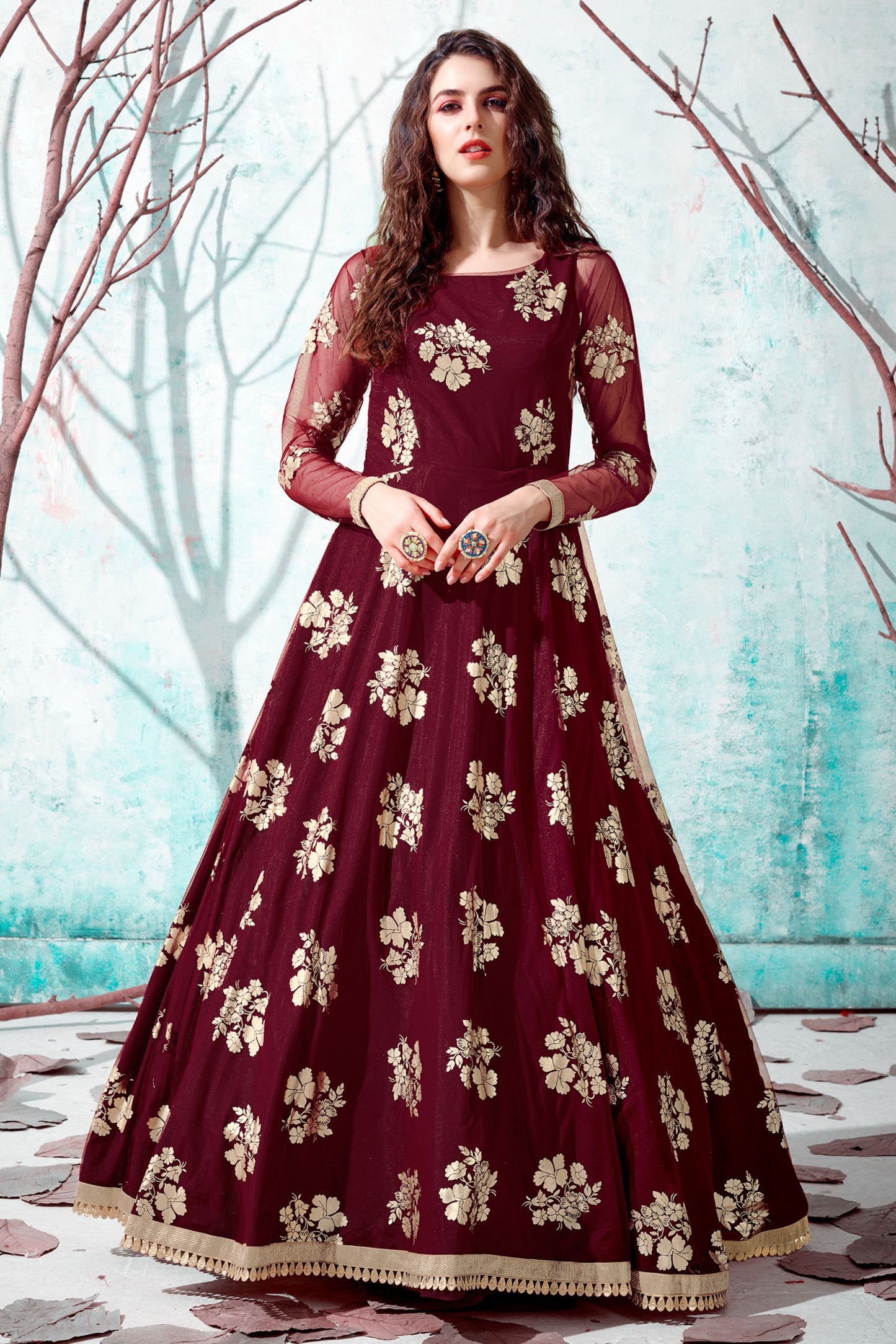 Maroon Pakistani Net Partywear Gown For Indian Festivals & Weddings - Foil Work