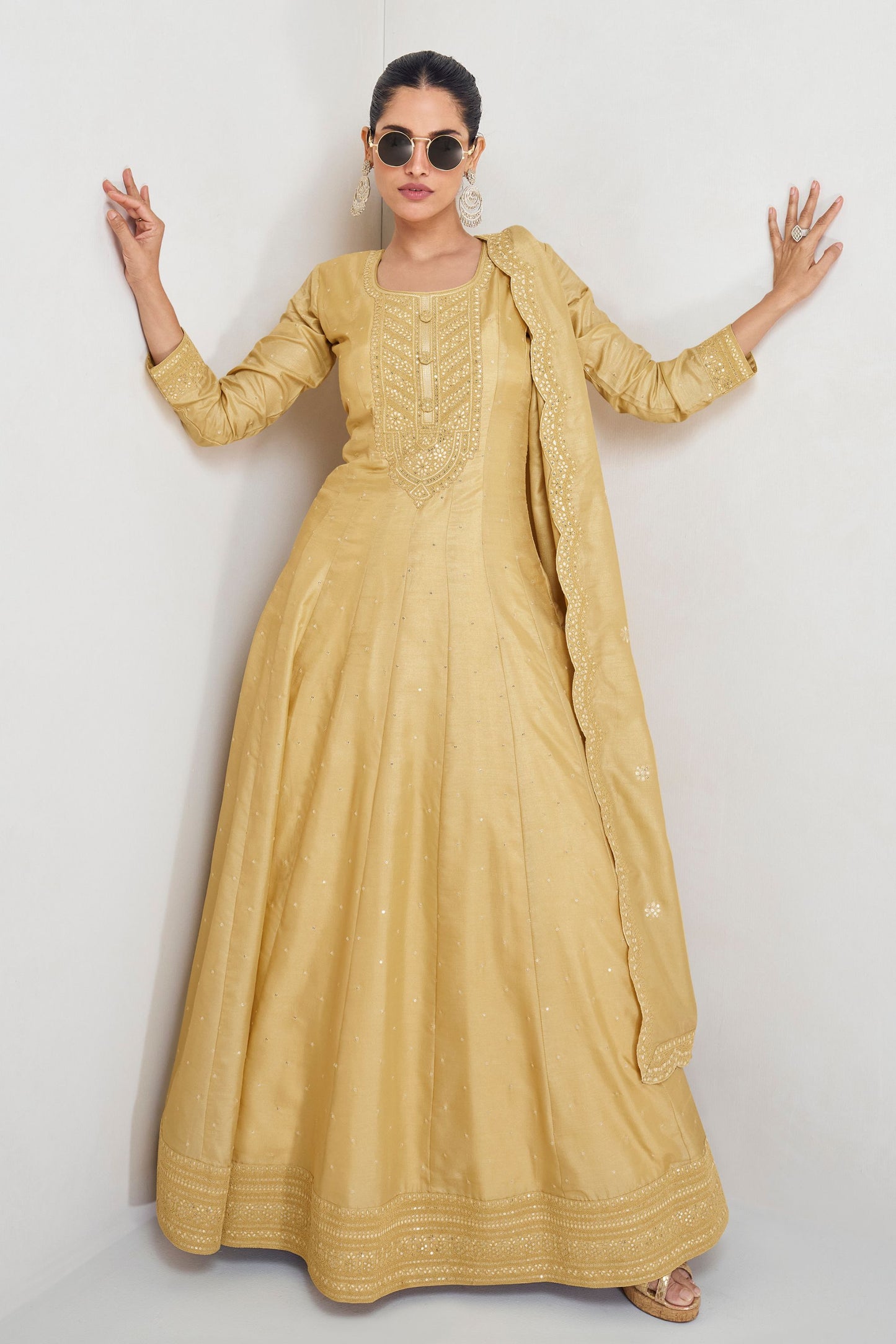 Mustard Silk Anarkali Gown Suit For Indian Festivals & Weddings - Embroidery Work