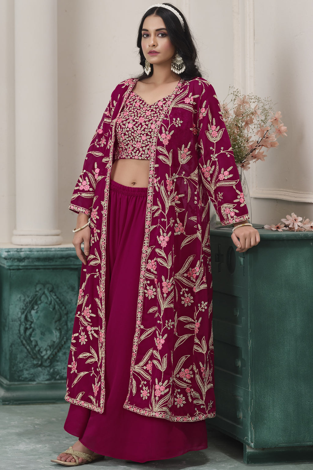 Red Maroon Georgette Palazzo with Choli & Jacket For Wedding & Indian Festival - Embroidery Work