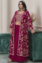 Red Maroon Georgette Palazzo with Choli & Jacket For Wedding & Indian Festival - Embroidery Work