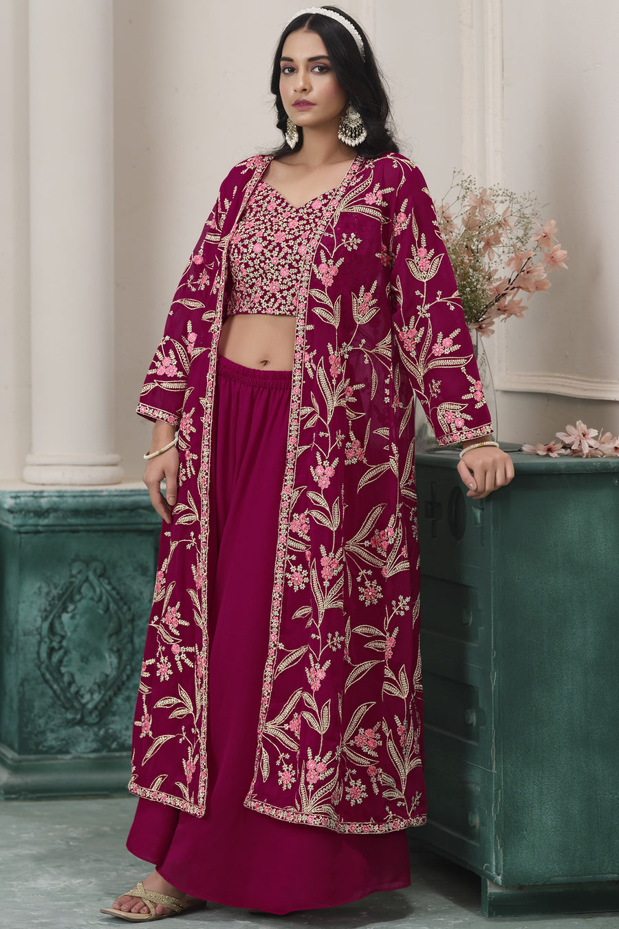 Red Maroon Georgette Palazzo with Choli & Jacket For Wedding & Indian Festival - Embroidery Work