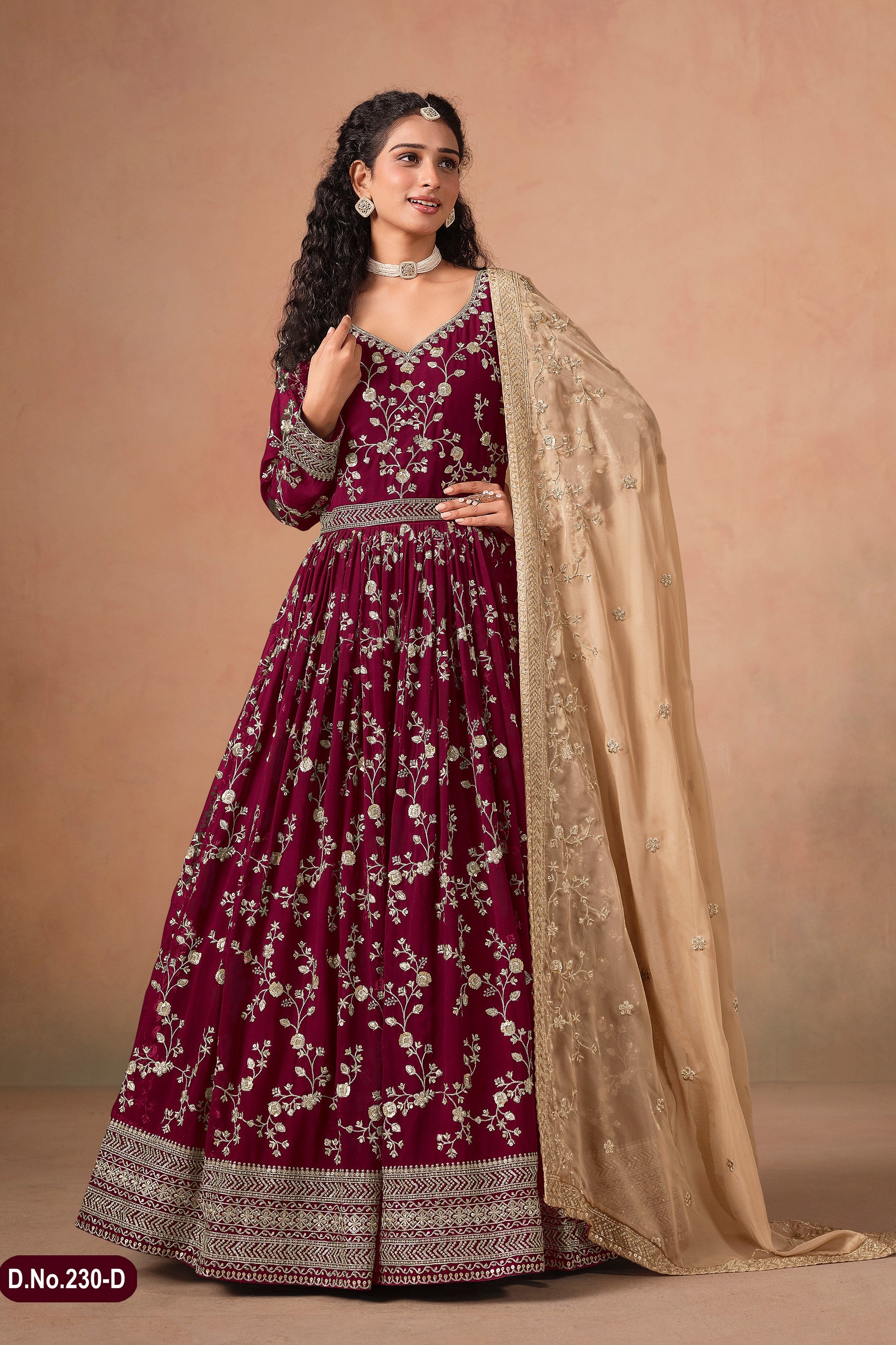 Maroon Georgette Anarkali Suit For Indian & Pakistani Wedding Festival - Thread & Sequins Embroidery Work