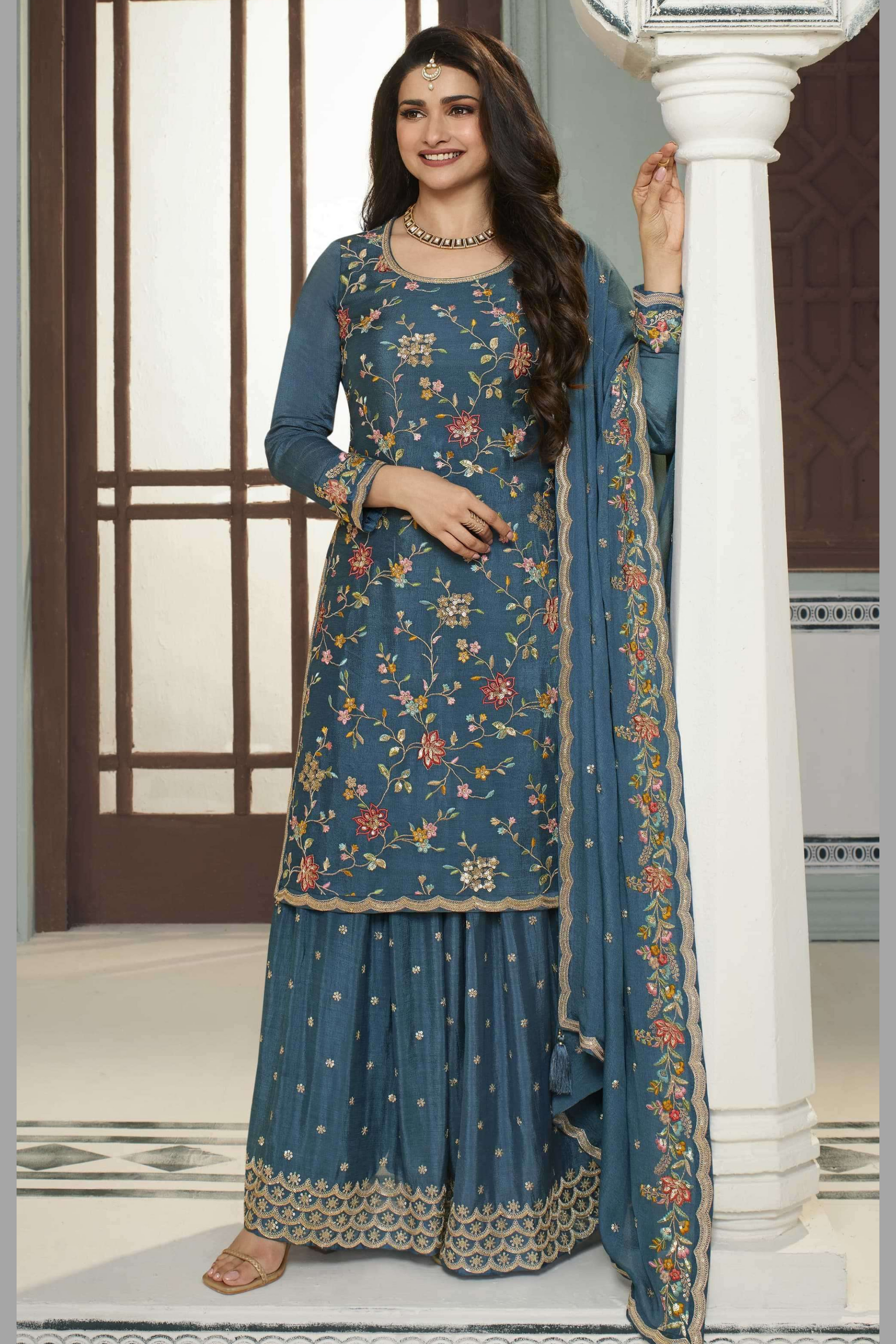 Blue Chinon Silk Floral Plazo Suit For Indian Festivals & Pakistani Weddings Dress - Embroidery Work