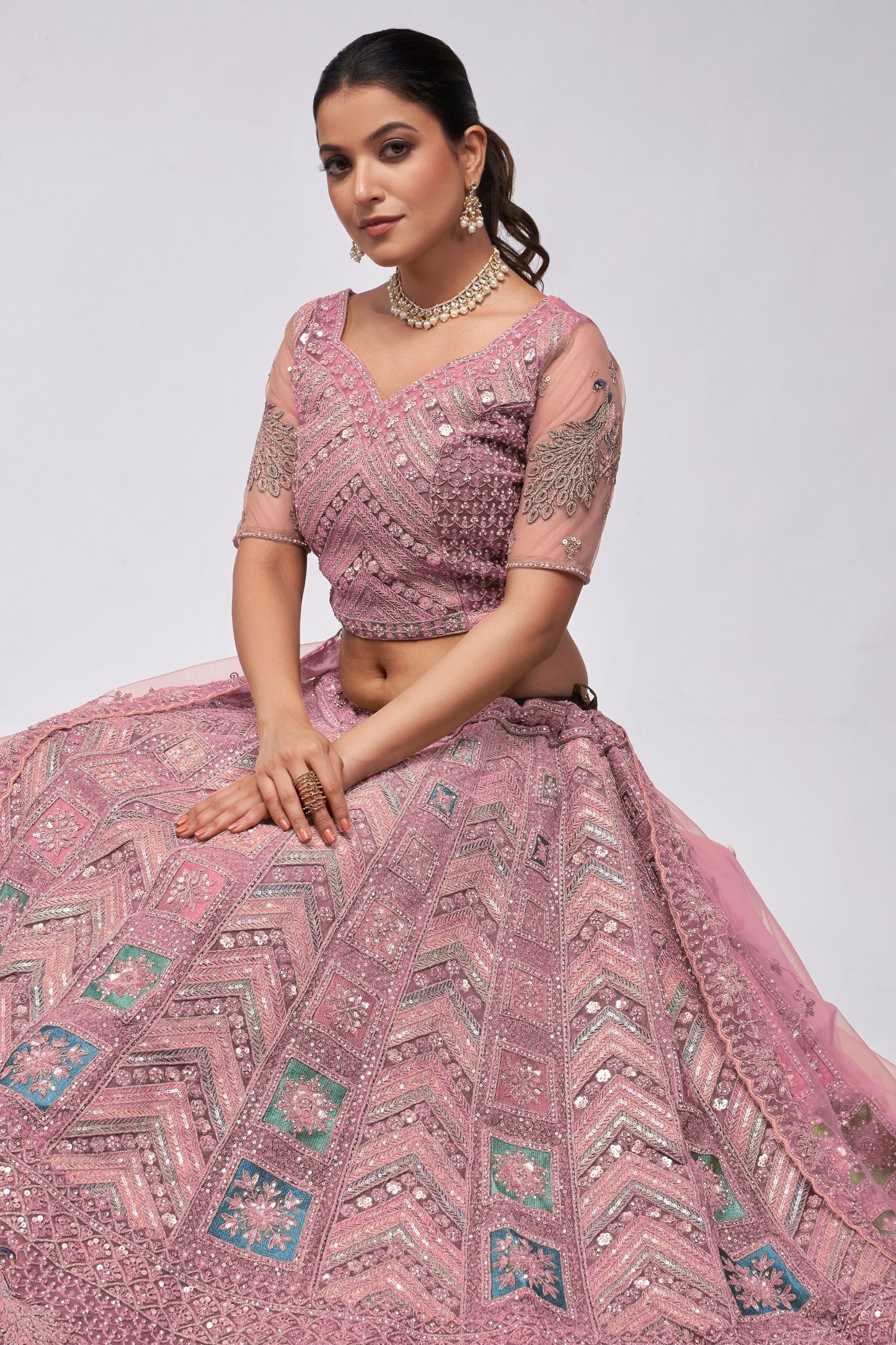 Rose Gold Soft Net Lehenga Choli For Indian Festivals & Weddings - Sequins Work, Dori Work, Zarkan Work, Thread Work