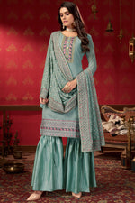 Teal Gray Georgette Sharara Suits for Wedding & Marriage - Embroidery Work