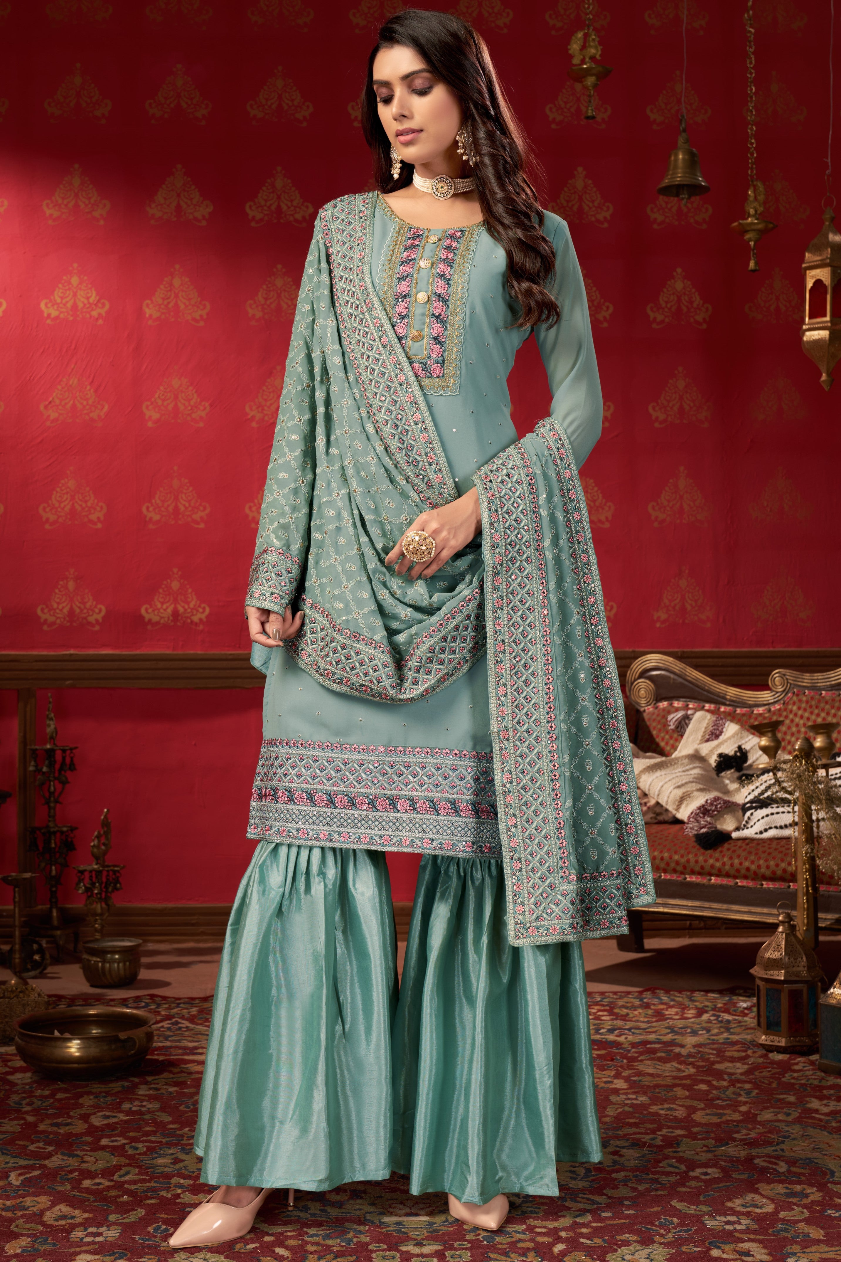 Celadon Green Georgette Sharara For Indian Festivals & Pakistani Weddings -Embroidery Work