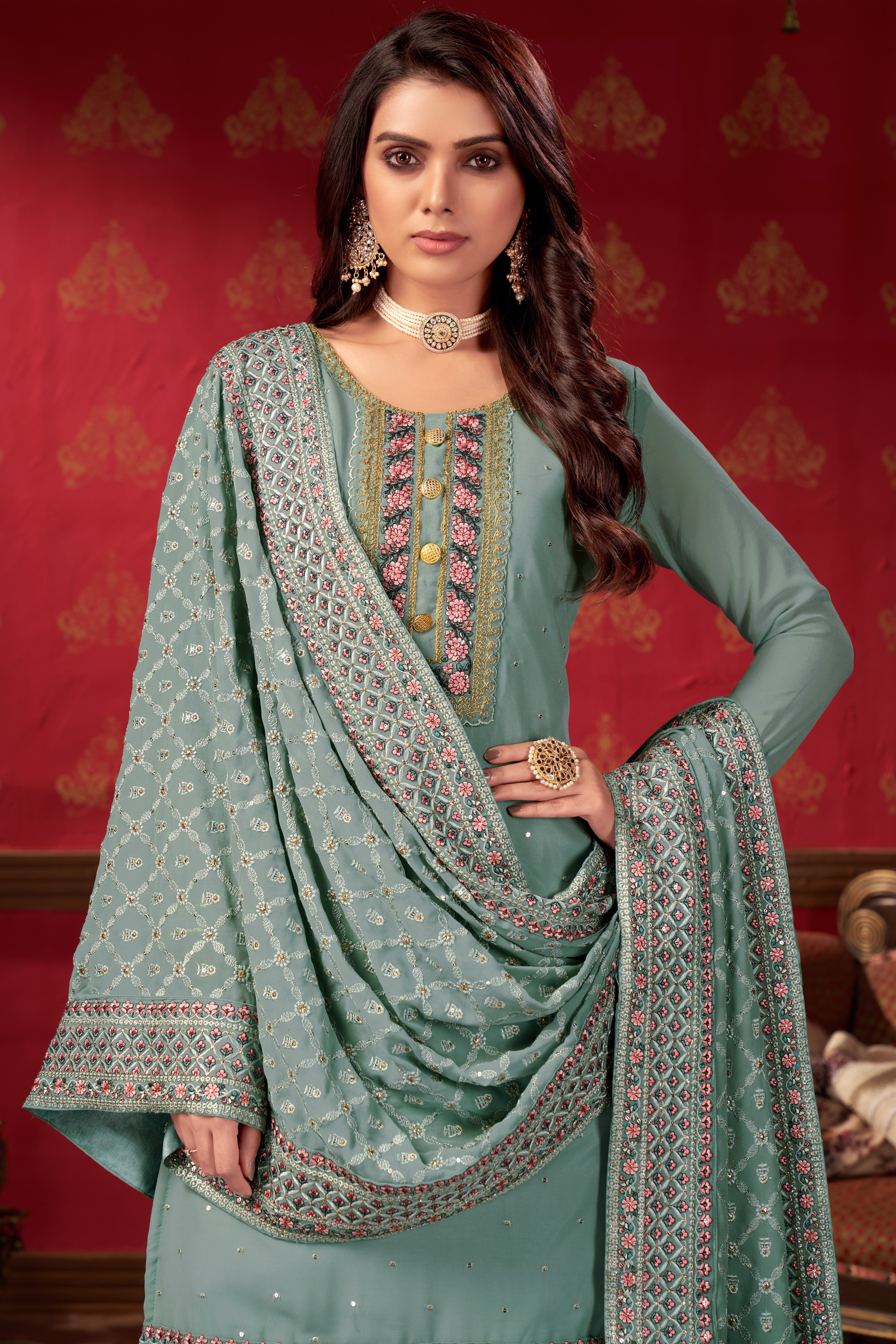 Celadon Green Georgette Sharara For Indian Festivals & Pakistani Weddings -Embroidery Work