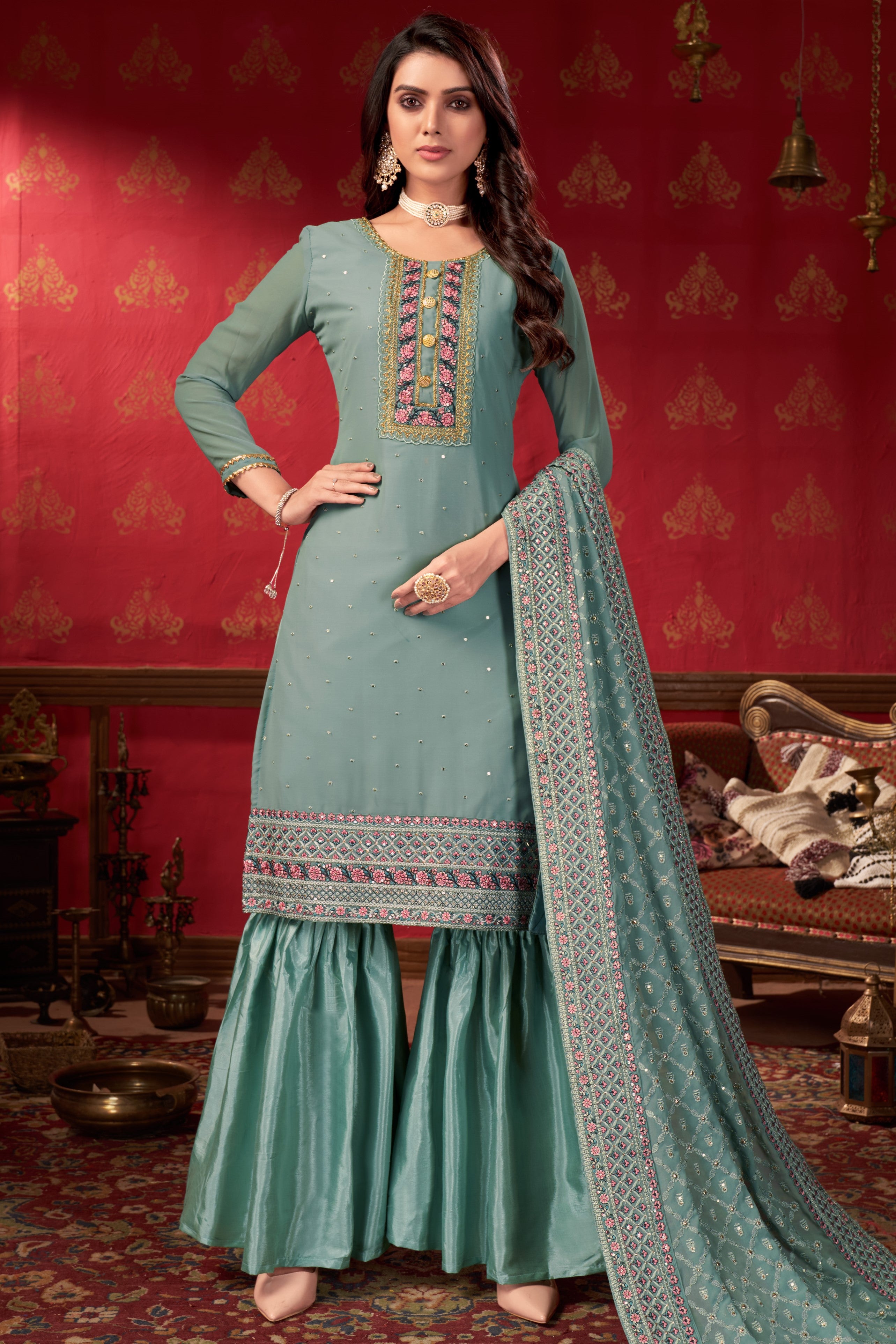 Celadon Green Georgette Sharara For Indian Festivals & Pakistani Weddings -Embroidery Work