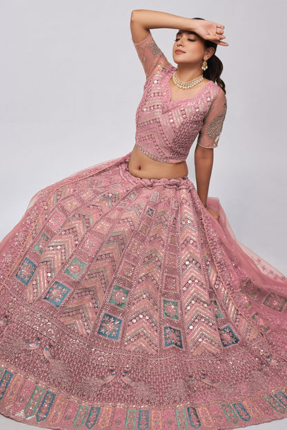 Rose Gold Soft Net Lehenga Choli For Indian Festivals & Weddings - Sequins Work, Dori Work, Zarkan Work, Thread Work