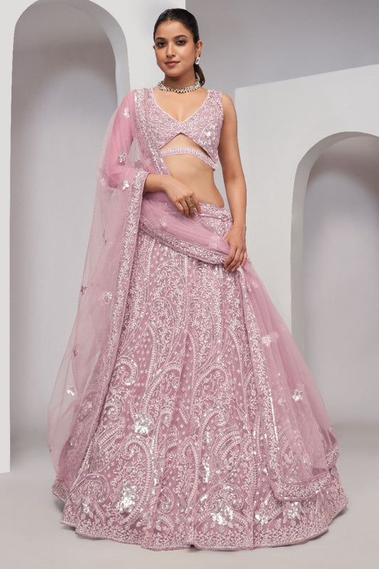 Purple Soft Net Lehenga Choli For Indian Festivals & Weddings - Sequins Work, Thread Work