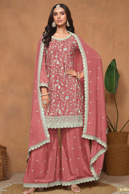 Hot Pink Chinon Silk Palazzo Suit For Indian Festivals & Weddings - Embroidery Work