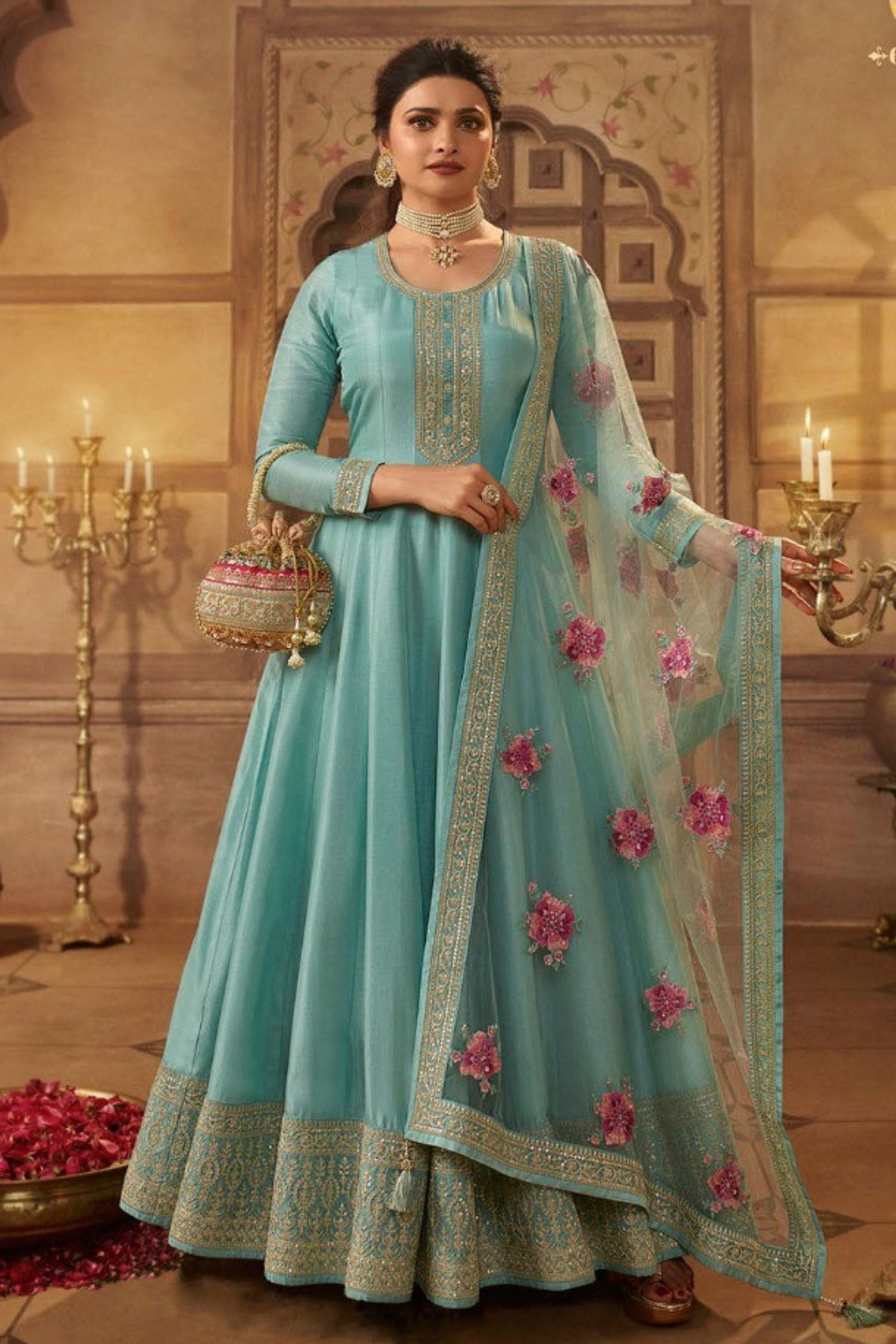 Teal Dola Silk Full Floor Length Anarkali Suit For Indian Festivals & Pakistani Wedding - Embroidery Work