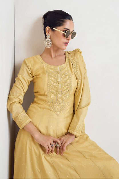 Mustard Silk Anarkali Gown Suit For Indian Festivals & Weddings - Embroidery Work