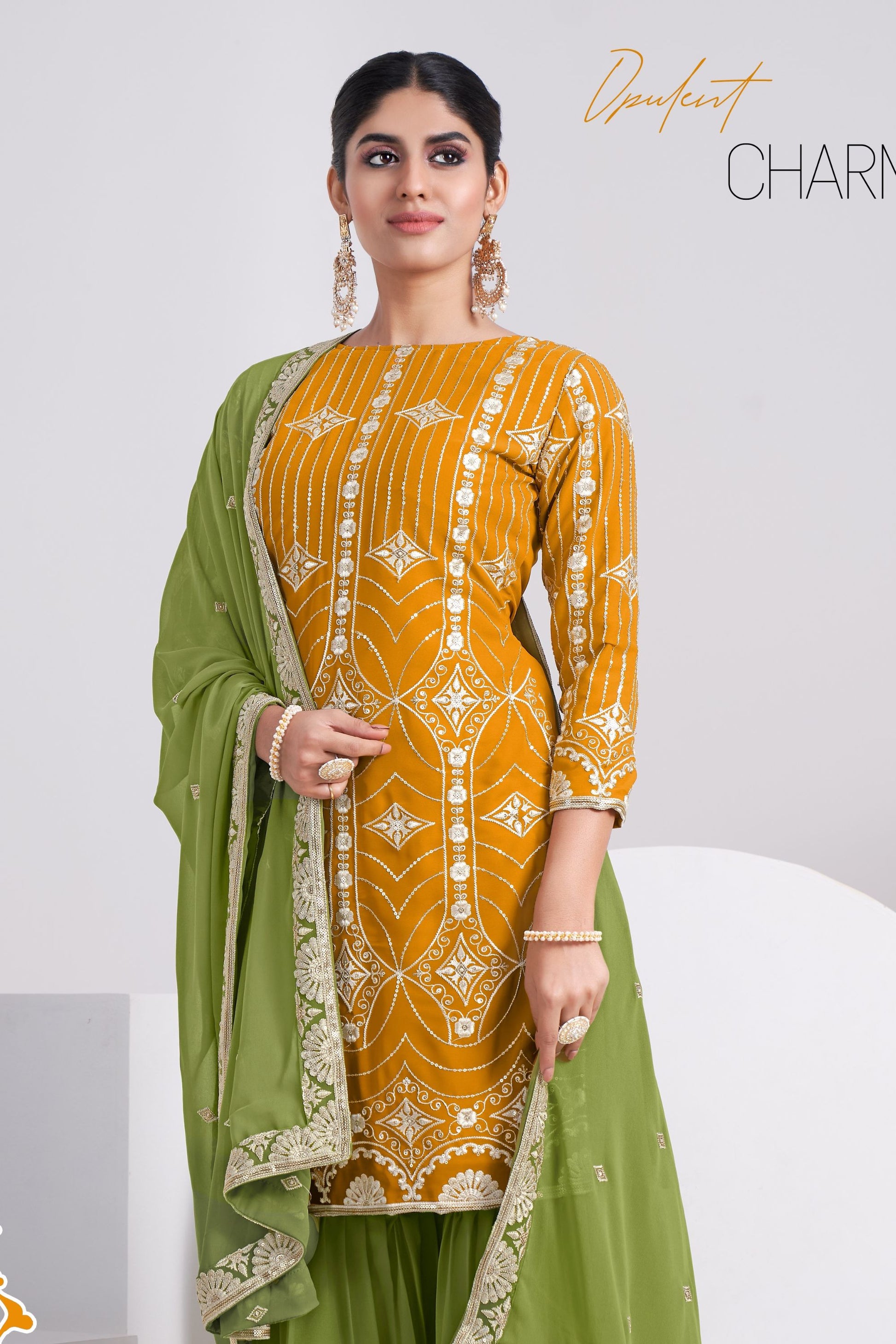 Yellow Pakistani Georgette Sharara For Indian Festivals & Weddings - Sequence Embroidery Work, Thread Embroidery Work,