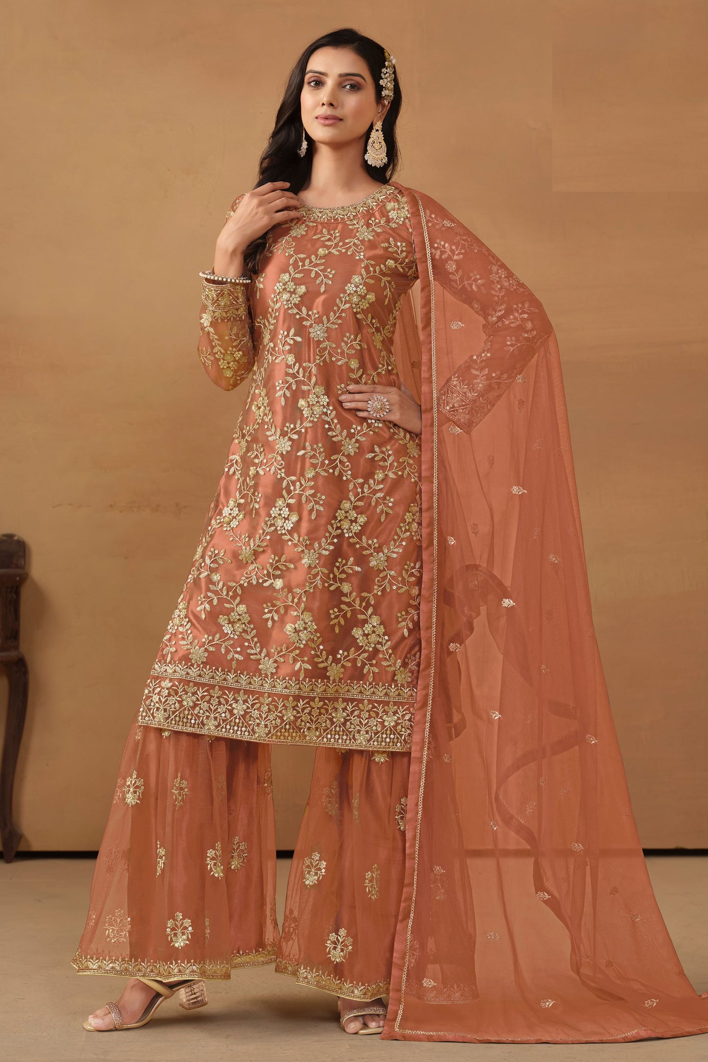 Peach Net Sharara Suit Dress For Indian Festivals & Weddings - Thread & Sequence Embroidery Work