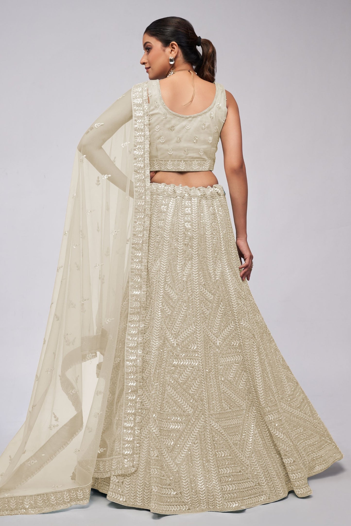 Light Lvory Soft Net Lehenga Choli For Indian Festivals & Weddings - Sequins Work, Dori Work, Zarkan Work