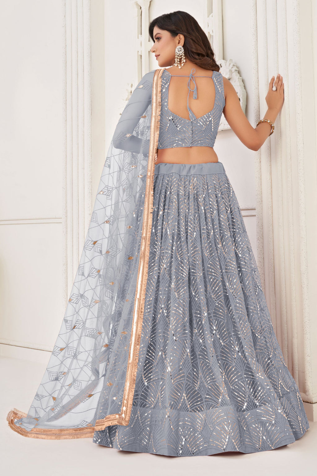 Silver Net Embroidered Lehenga Choli For Indian Festival & Weddings - Embroidery Work