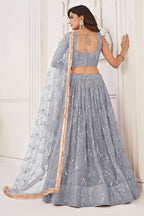 Silver Net Embroidered Lehenga Choli For Indian Festival & Weddings - Embroidery Work