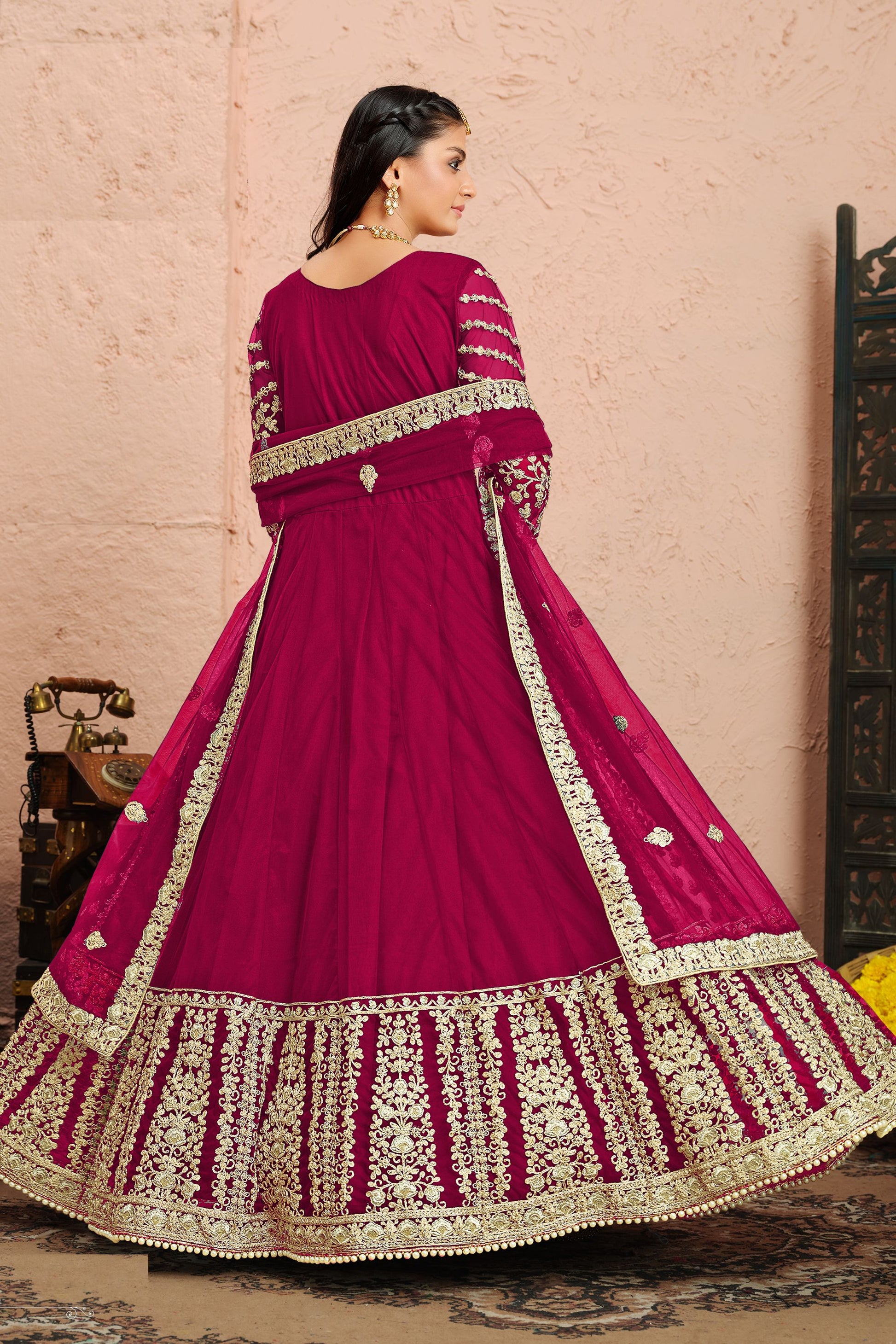 Dark Pink Net Full Floor Length Anarkali Dress For Indian Festivals & Weddings - Embroidery Work