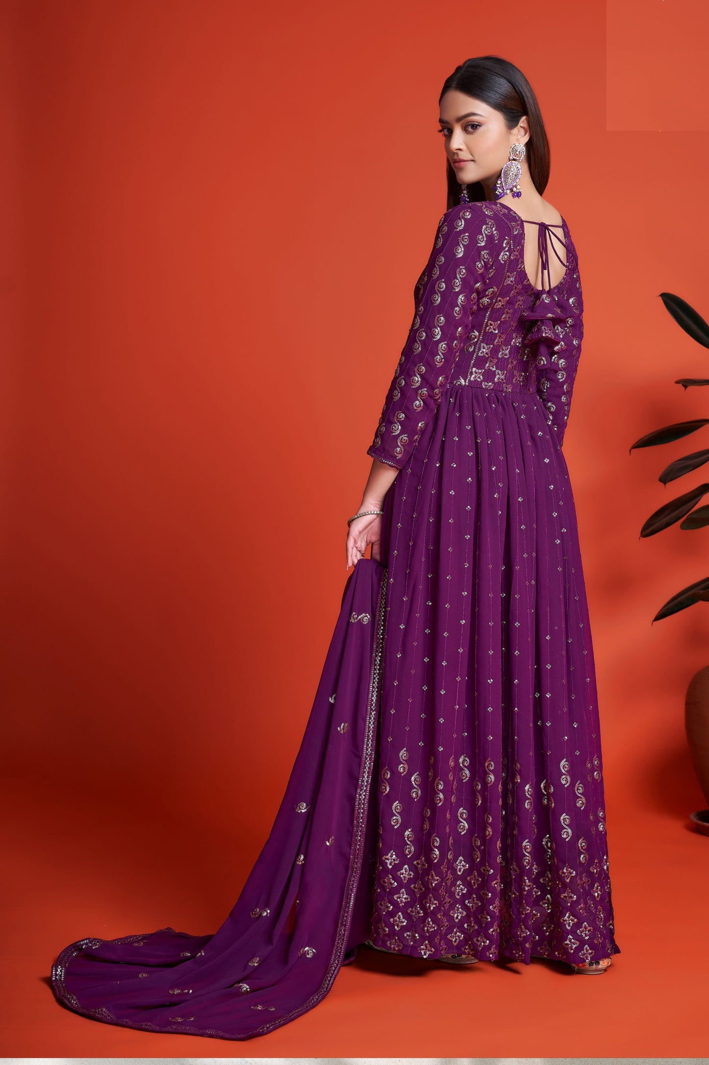 Purple Pakistani Georgette Anarkali Gown For Indian Festivals & Weddings - Sequence Embroidery Work, Thread Embroidery Work,