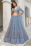 Blue Gray Net Embroidered Lehenga Choli For Indian Festival & Weddings - Thread Embroidery Work, Sequence Embroidery Work