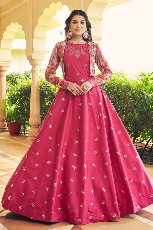 Pink Pakistani Cotton Anarkali Suit For Indian Festivals & Weddings - Thread Work, Sequence Embroidery Work,