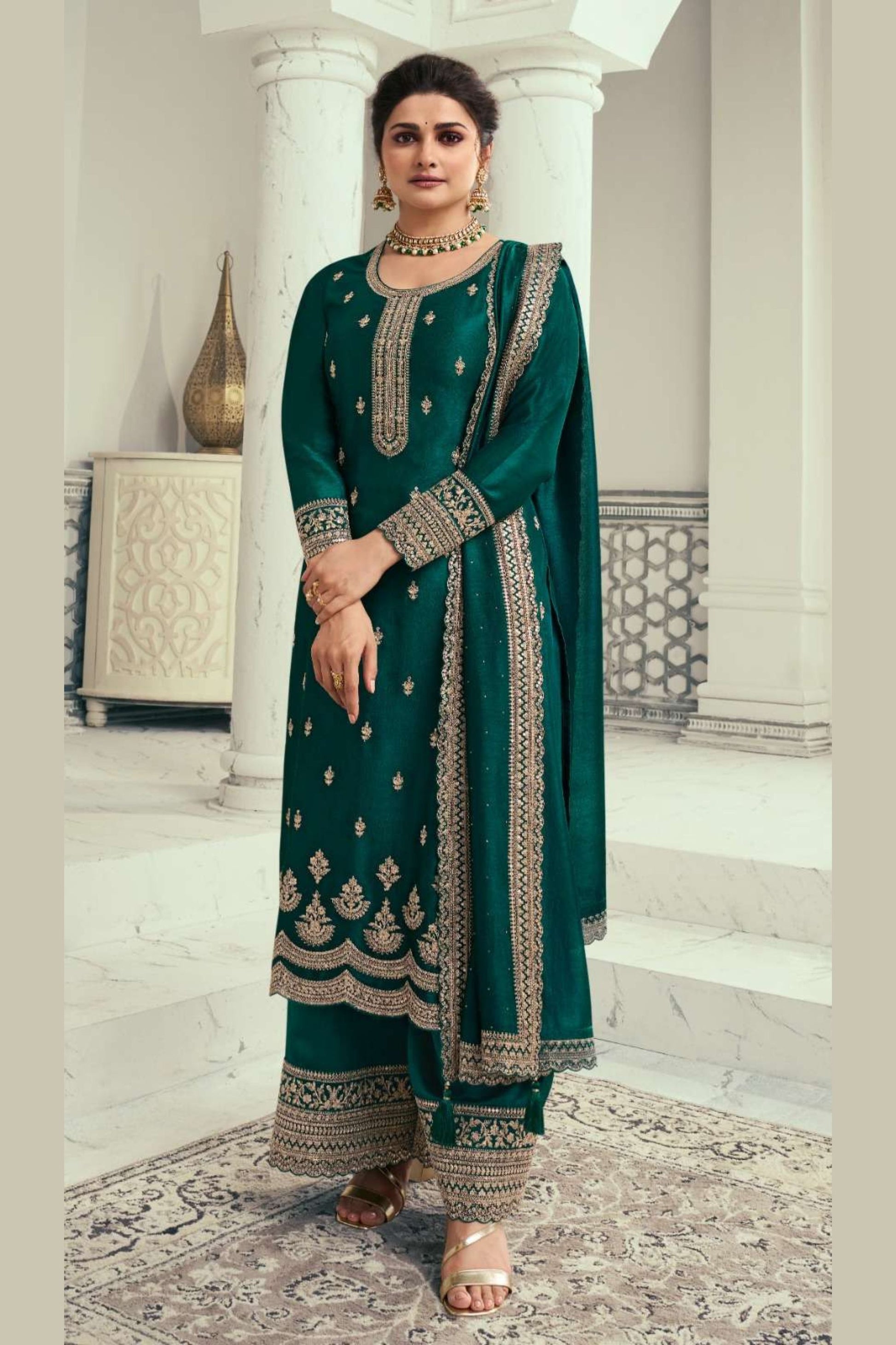 Green Georgette Silk Salwar Kameez Suit For Indian Festivals & Pakistani Weddings Dress - Thread Embroidery Work