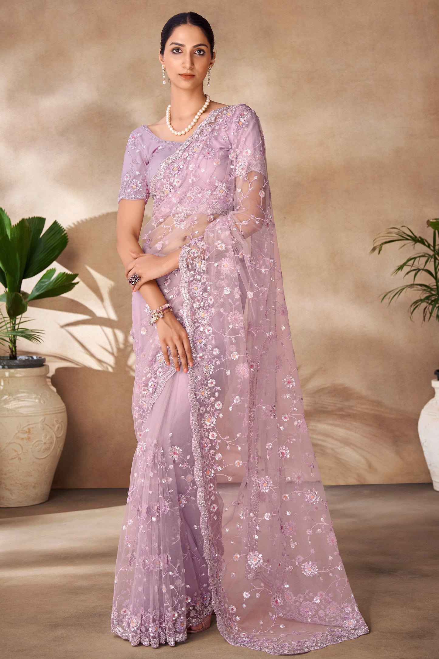 Lilac Net Indian Saree with Blouse for Festival & Weddings - Sequence Embroidery Work, Thread Embroidery Work, Zarkan Work