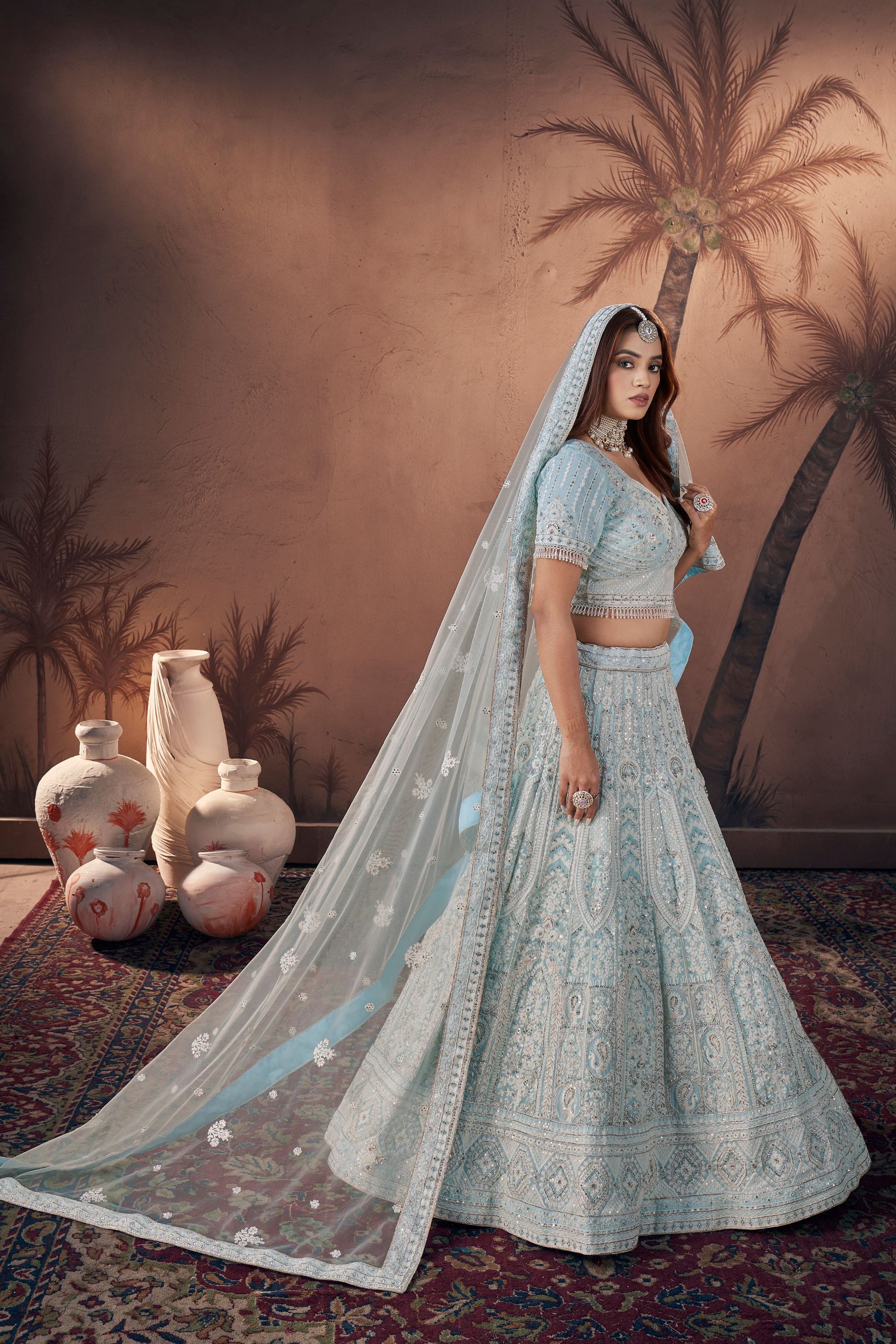 Sky Blue Georgette Lehenga Choli For Indian Festivals & Wedding - Zarkan Work, Sequence Embroidery Work, Thread Embroidery Work