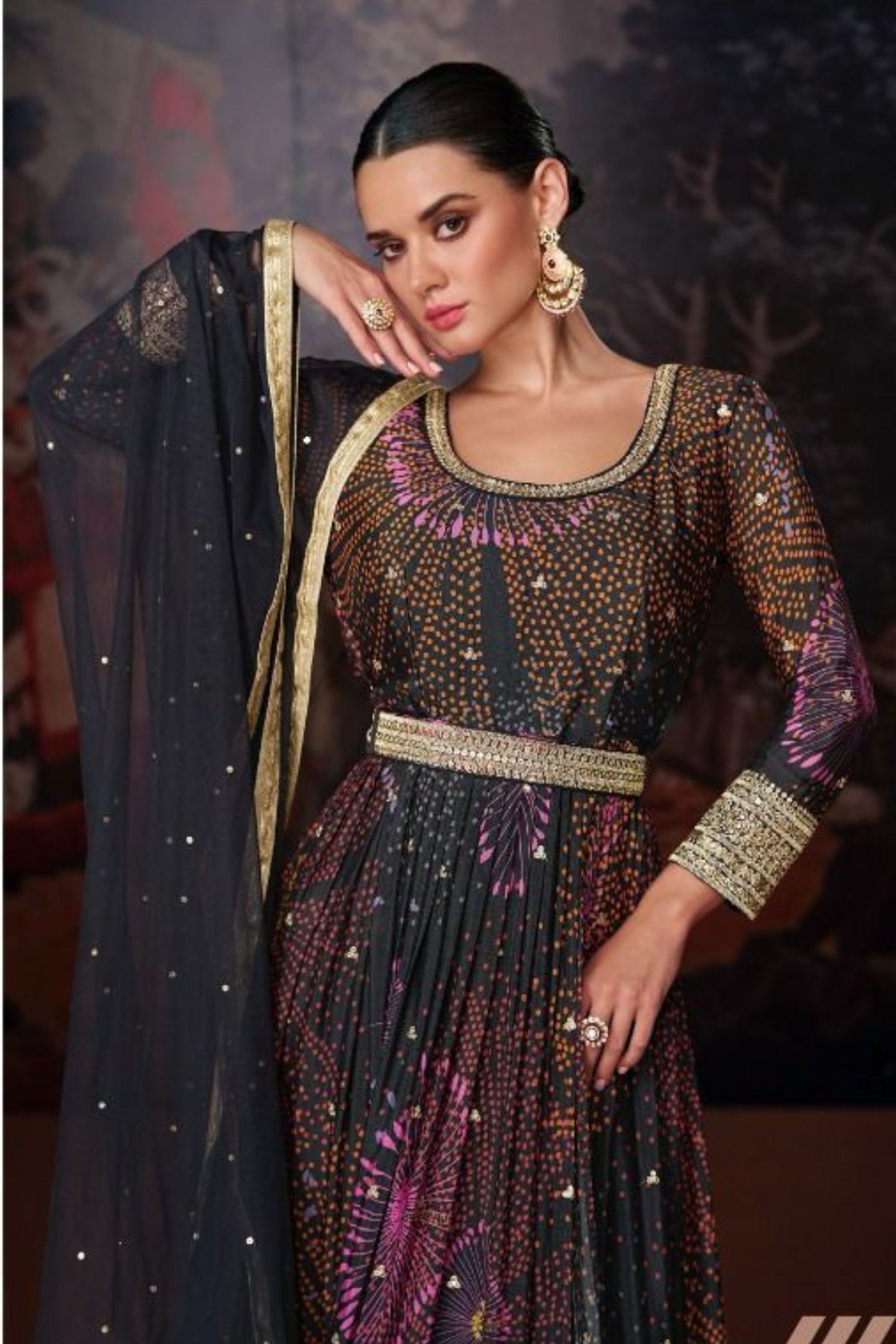 Multicolor Georgette Floor Full Length Flower Printed Anarkali Gown with Front Slit For Indian Festivals & Weddings - Embroidery Work, Print Work