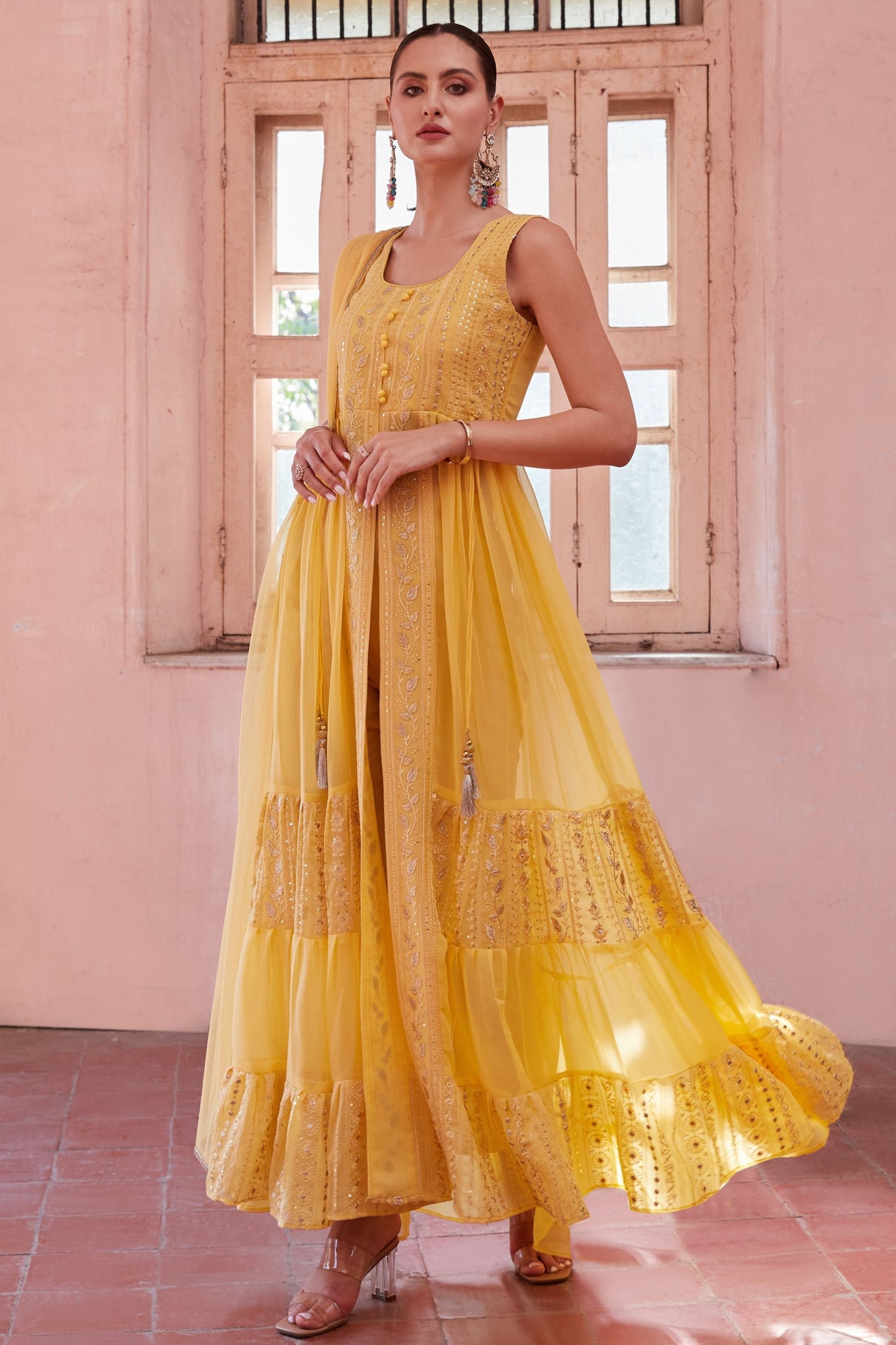 Yellow Georgette Long Anarkali with Front Slit and Pant For Indian Festivals & Weddings - Thread & Sequence Embroidery Work, Zari Work