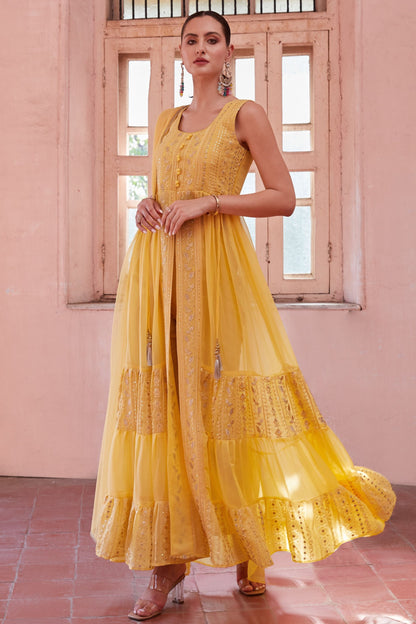 Yellow Georgette Long Anarkali with Front Slit and Pant For Indian Festivals & Weddings - Thread & Sequence Embroidery Work, Zari Work