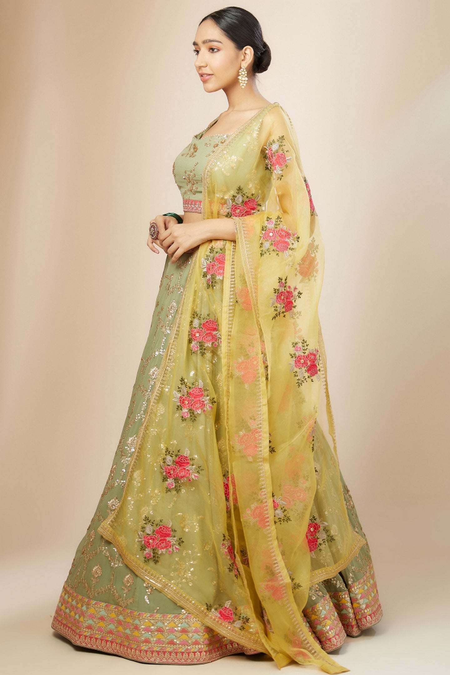 Green Georgette Lehenga Choli For Indian & Pakistani Wedding Festival - Thread Embroidery Work, Sequence Embroidery Work, Print Work, Zari Work