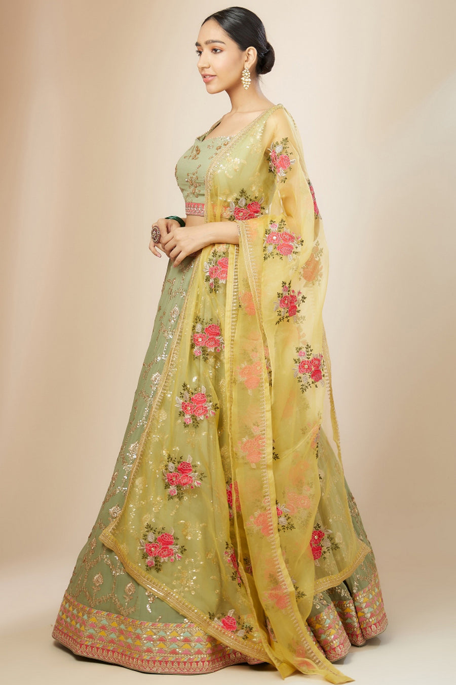 Green Georgette Lehenga Choli For Indian & Pakistani Wedding Festival - Thread Embroidery Work, Sequence Embroidery Work, Print Work, Zari Work