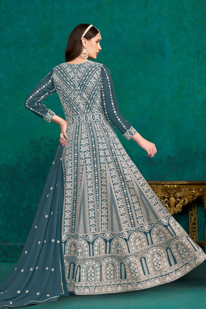 Teal Georgette Full Floor Length Anarkali Dress For Indian Festivals & Weddings - Lucknowi Work