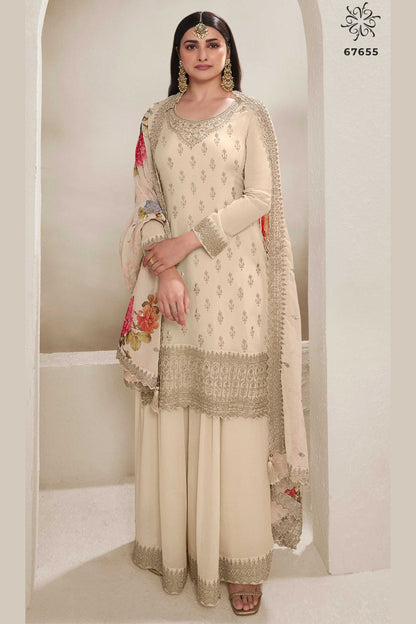 Cream Chinon Silk Palazzo Suit For Indian Festivals & Pakistani Plazo Weddings Dress - Embroidery Work, Print Work