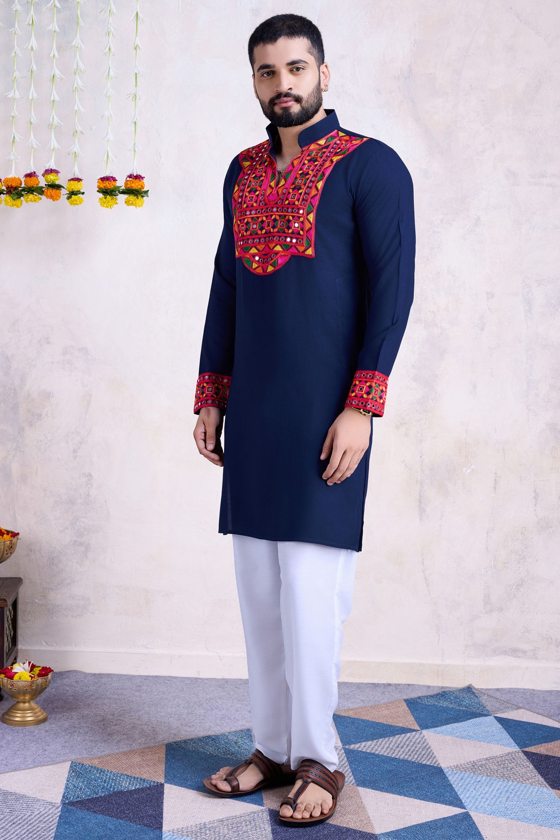 Navy Blue Rayon Kurta Pyjama for Men For Navratri Garba Festivals - Embroidery Work, Real Mirror Work