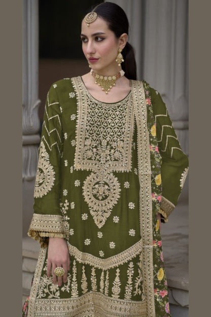 Olive Chinon Silk Kameez with Plazzo And Dupatta For Indian Suit Festivals & Pakistani Weddings - Embroidery Work