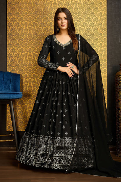 Black Georgette Anarkali Suit For Indian Festivals & Weddings - Metallic Foil Work