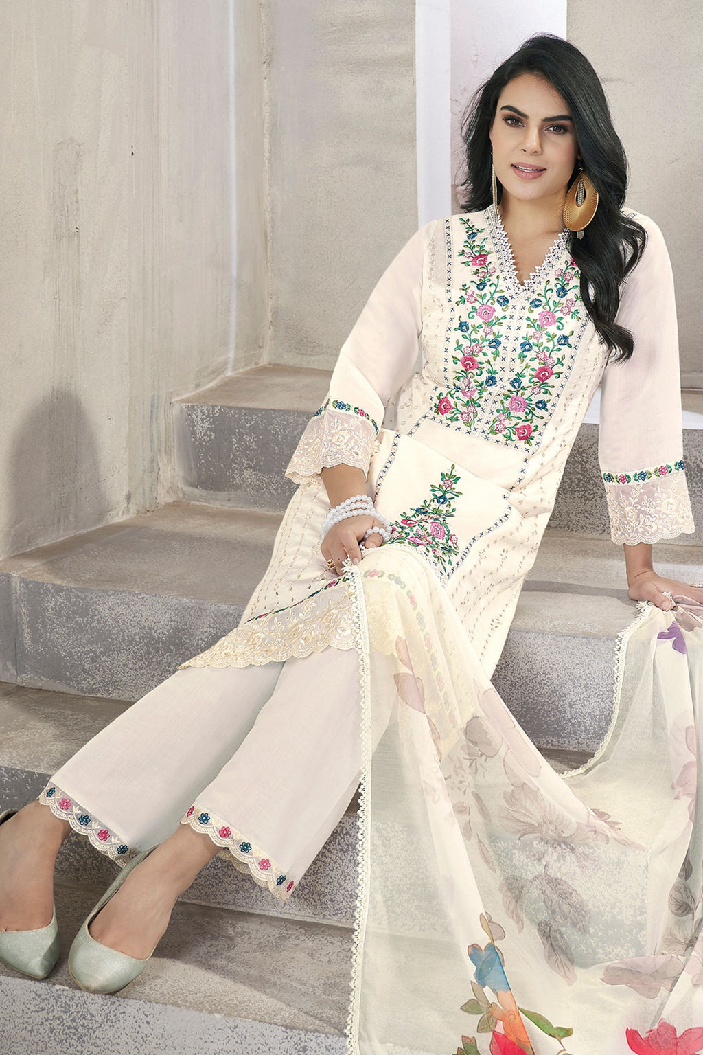 White Viscose Silk Kameez with Pant Suit For Indian Festivals & Pakistani Weddings - Embroidery Work. Print Work