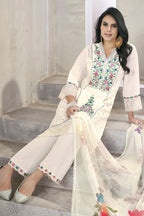White Viscose Silk Kameez with Pant Suit For Indian Festivals & Pakistani Weddings - Embroidery Work. Print Work