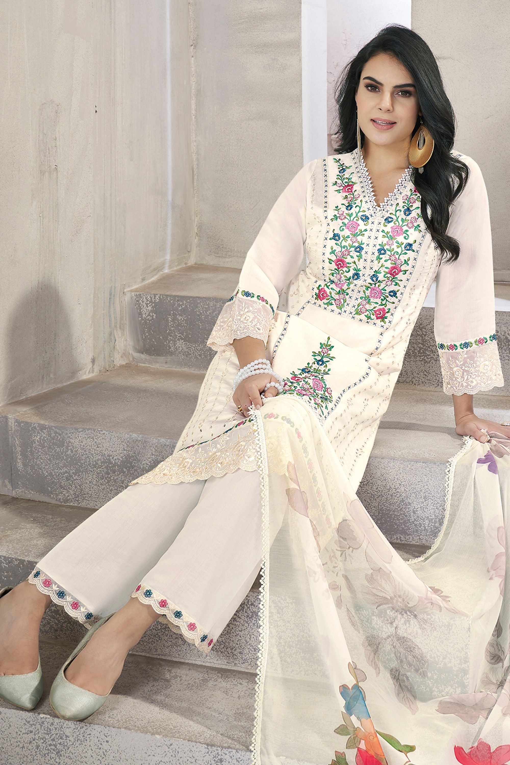 White Viscose Silk Kameez with Pant Suit For Indian Festivals & Pakistani Weddings - Embroidery Work. Print Work
