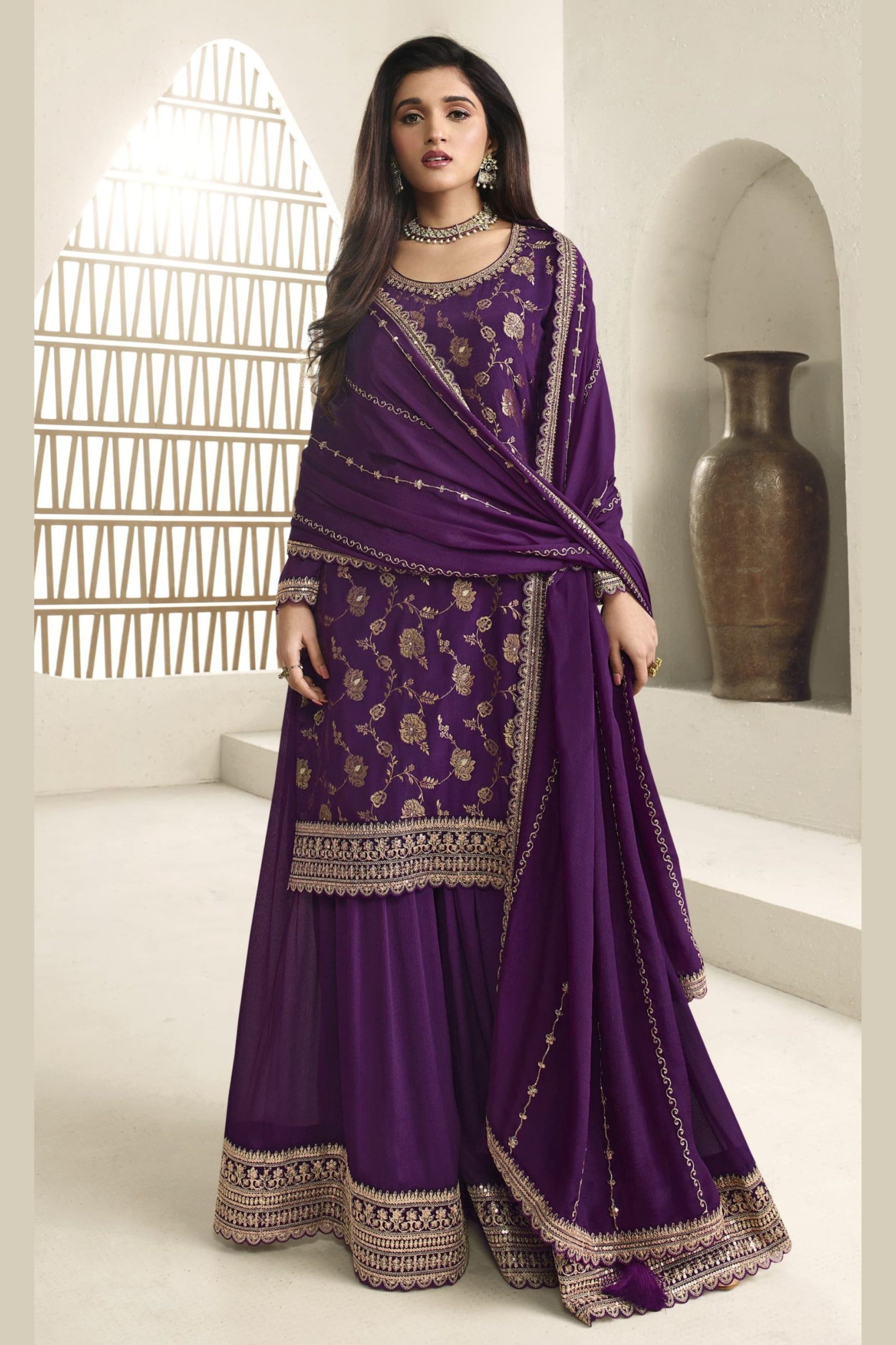 Purple Jacquard Silk Palazzo Suit For Indian Festivals & Pakistani Plazo Weddings Dress - Embroidery Work