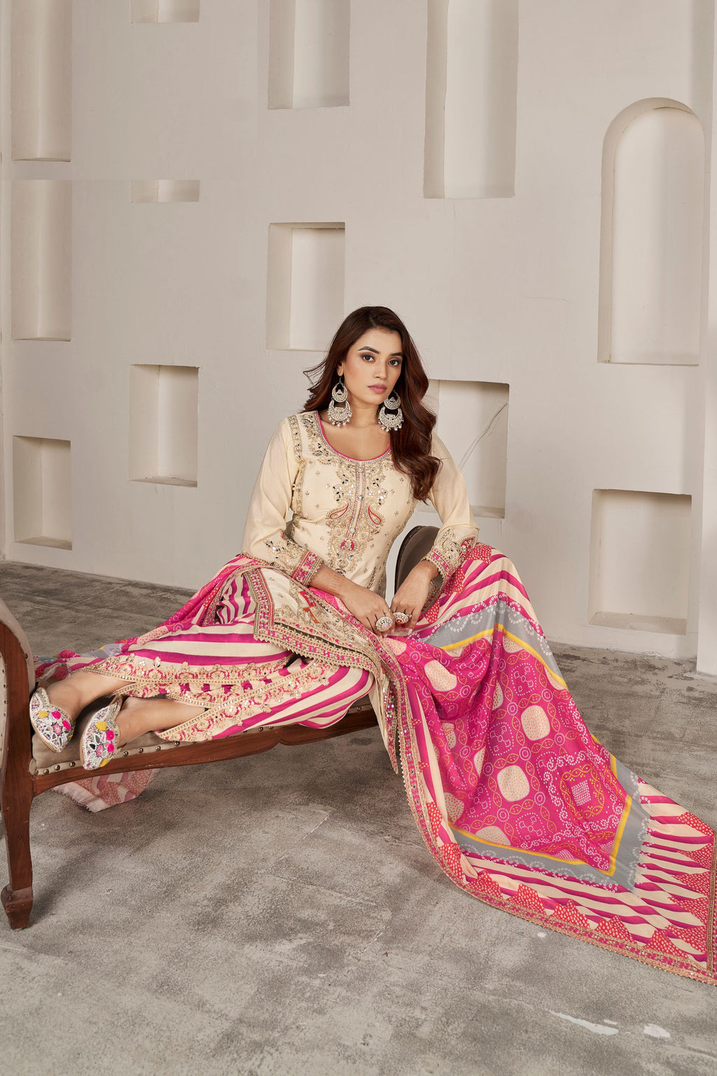Cream Chinon Silk Salwar Kameez with Dhoti Tulip for Indian Festival & Pakistani Wedding - Sequence Embroidery Work, Dori Work, Print Work, Mirror Work