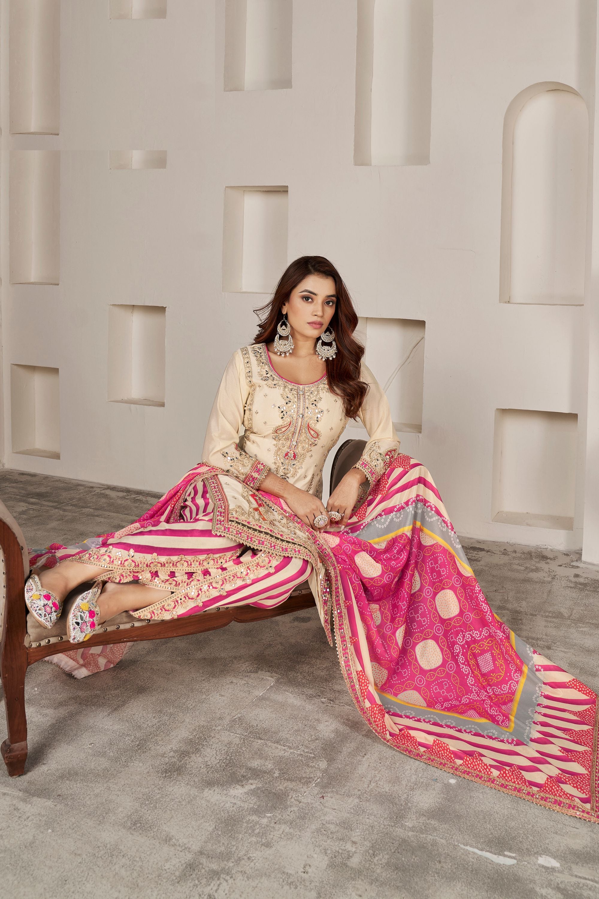 Cream Chinon Silk Salwar Kameez with Dhoti Tulip for Indian Festival & Pakistani Wedding - Sequence Embroidery Work, Dori Work, Print Work, Mirror Work
