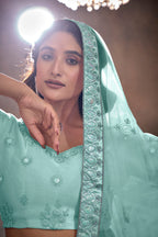 Cyan Net Lehenga Choli For Indian Festival & Weddings - Thread Embroidery Work, Sequence Embroidery Work