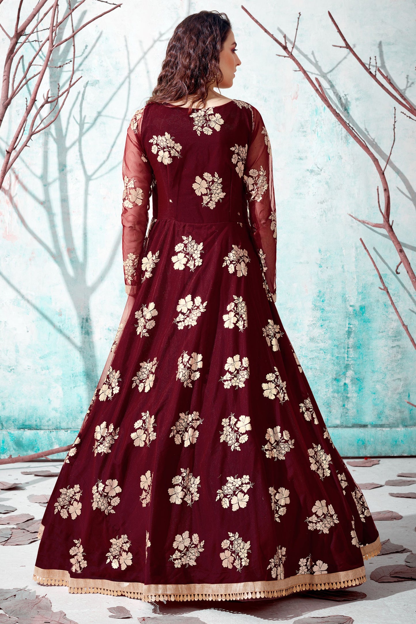 Maroon Pakistani Net Partywear Gown For Indian Festivals & Weddings - Foil Work