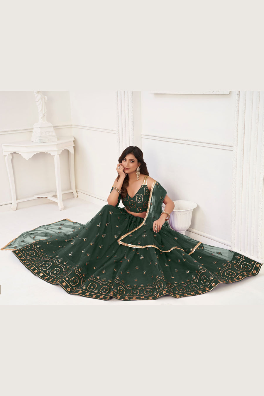 Dark Green Net Lengha Choli For Indian Festivals & Pakistani Weddings Dress - Embroidery Work