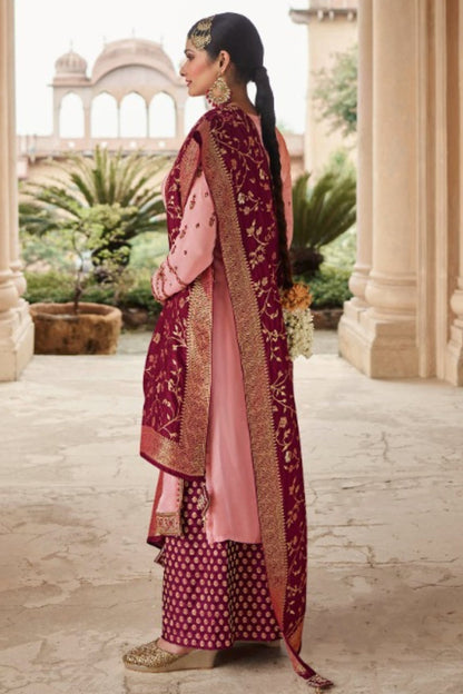 Baby Pink Georgette Silk Plus Size Upto 9XL Size Kameez and Palazzo Suit For Indian Wedding & Festival - Embroidery Work